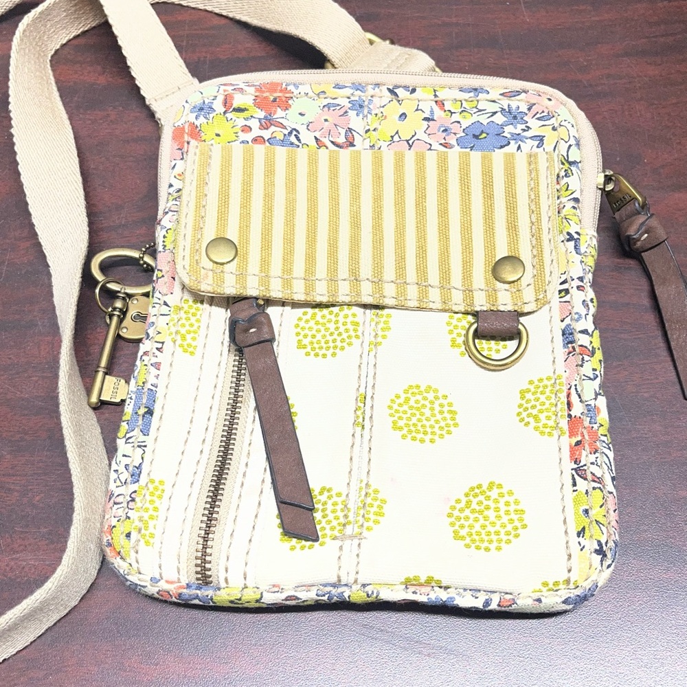 Vintage Fossil Crossbody Purse Floral and Stripped Canvas Zip Closure Adjustable